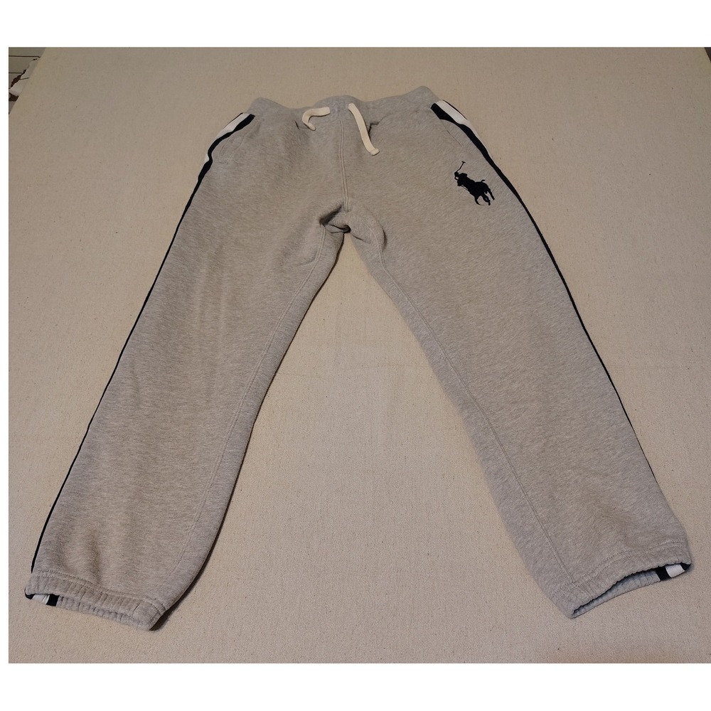 Polo Ralph Lauren‎ Gray Jogger Sweatpants Kids L 14-16 Large Pony Logo Stripe 7